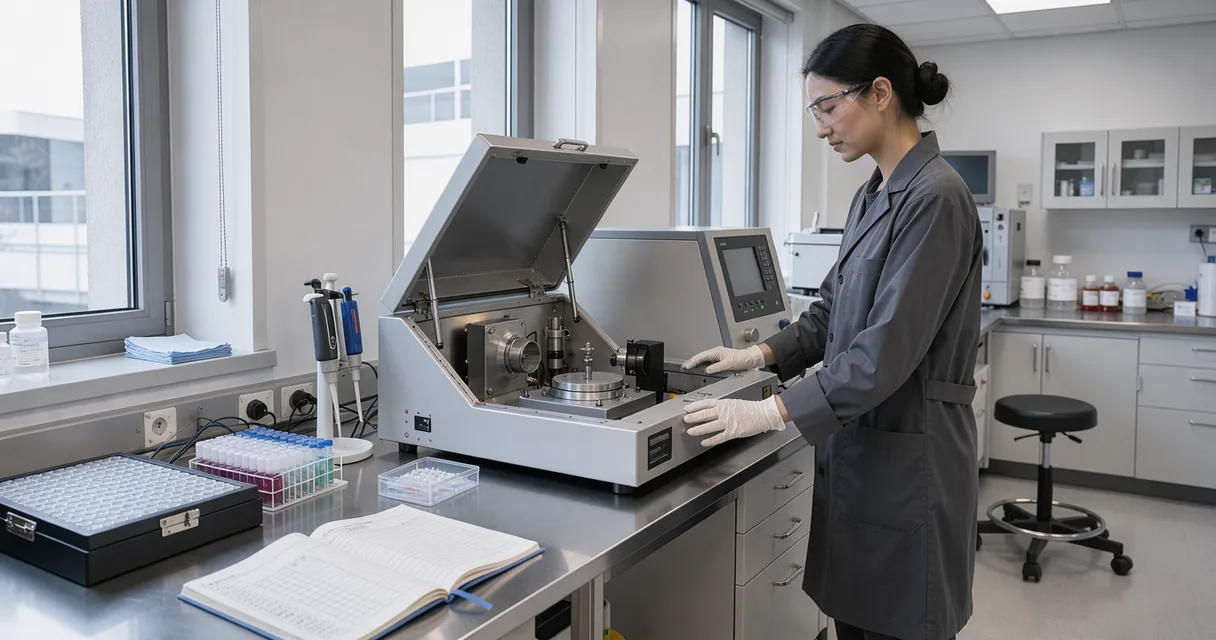 A researcher works beside an open diffraction instrument in a bright laboratory