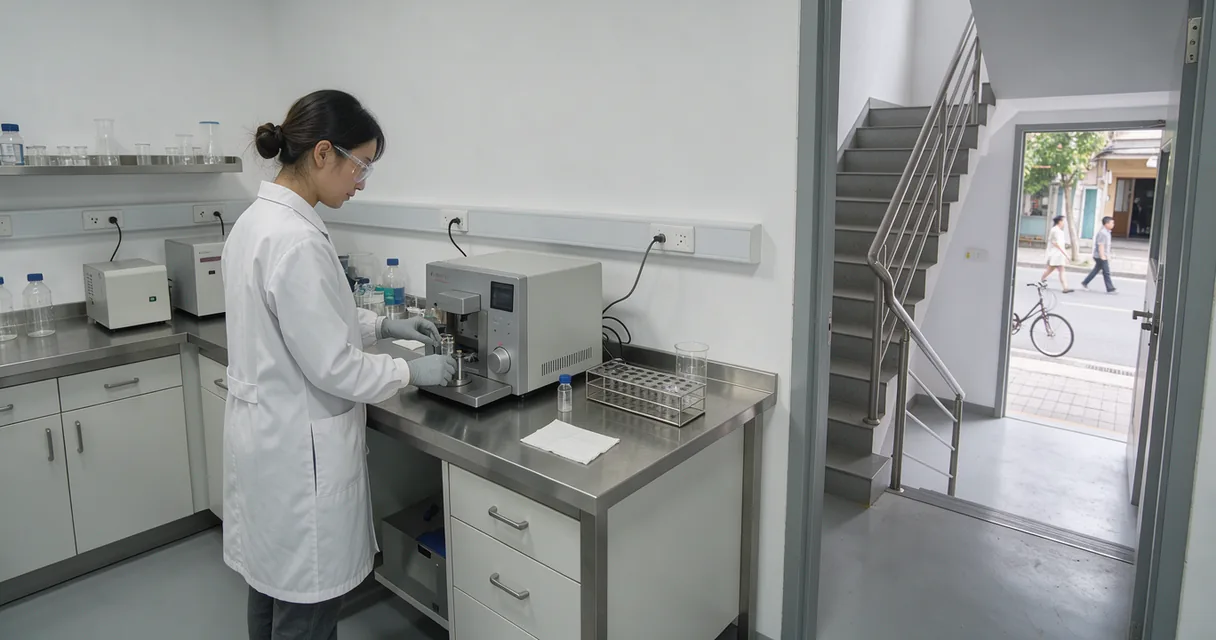 A researcher beside an analytical instrument with a bright stairwell beyond the laboratory