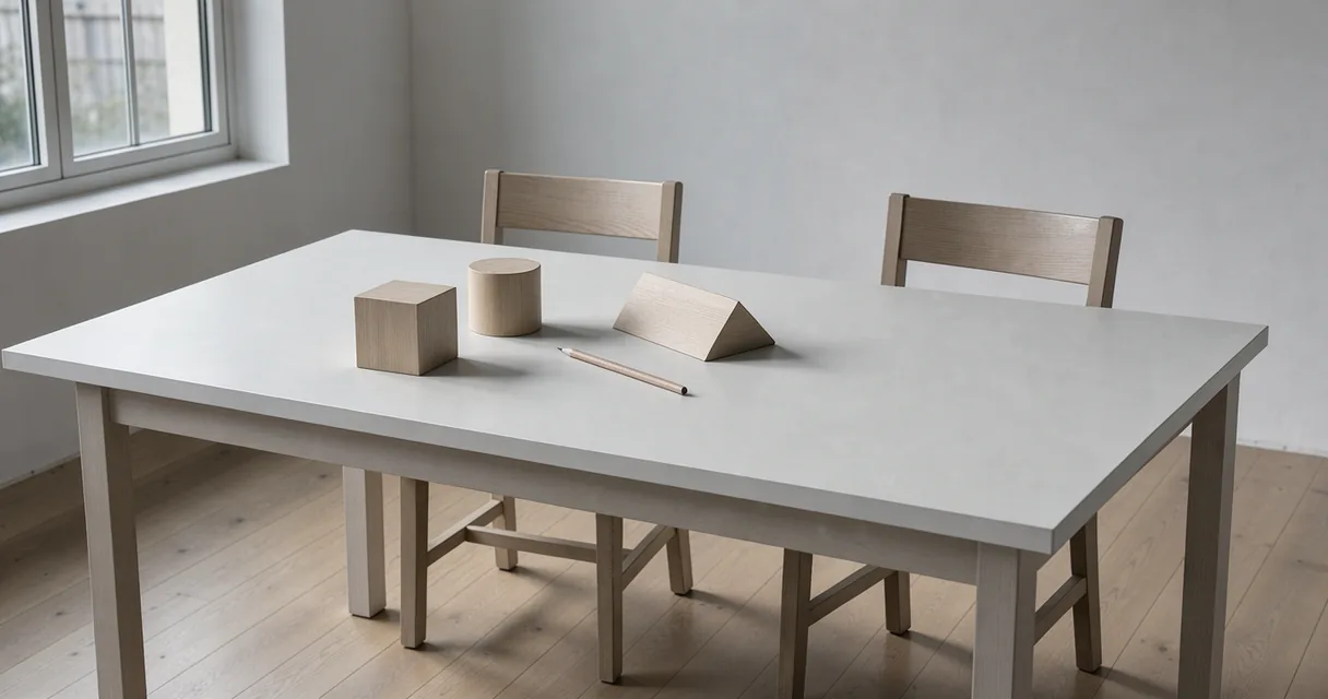 Plain wooden shapes and a pencil sit on a white table beside two chairs