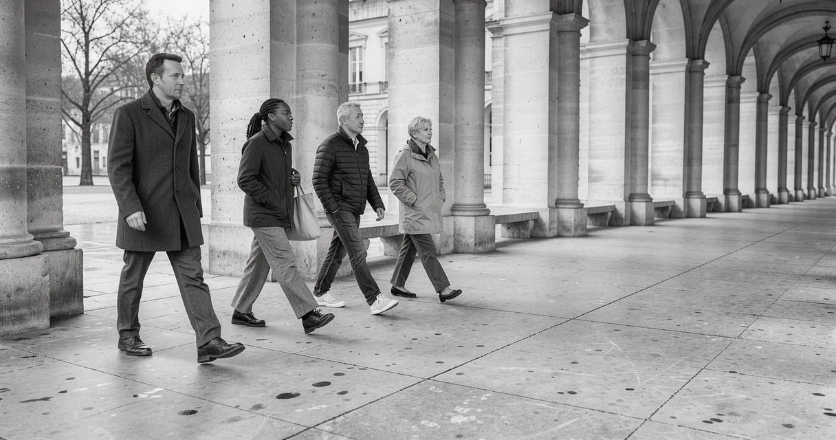 Adults walk through a broad stone arcade in soft daylight